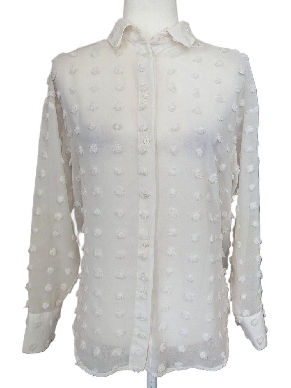 Zara Womens White Textured Dot Long Sleeve Sheer Button Down Shirt Size Small
